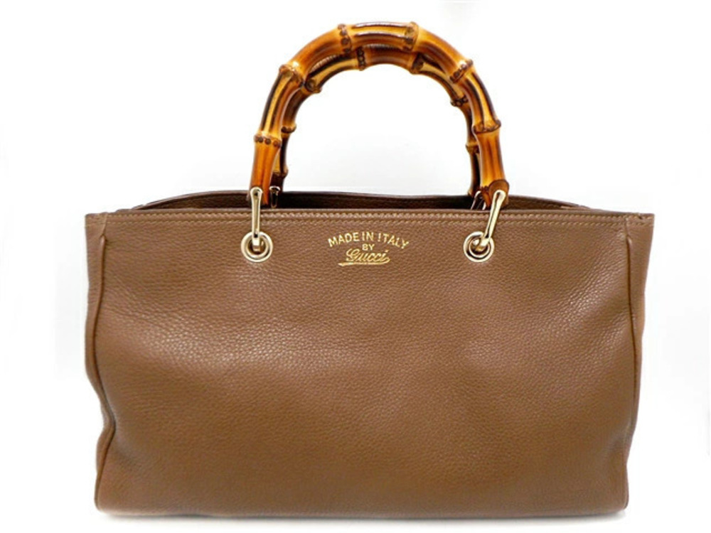 Gucci Bag Handbag Bamboo Handle Calfskin Embossed Brown